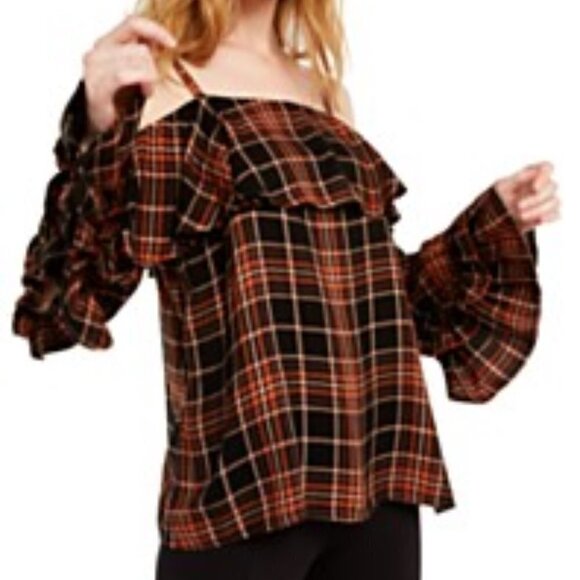 INC Womens Orange & Black Plaid Cold Shoulder Top Small - Picture 1 of 9